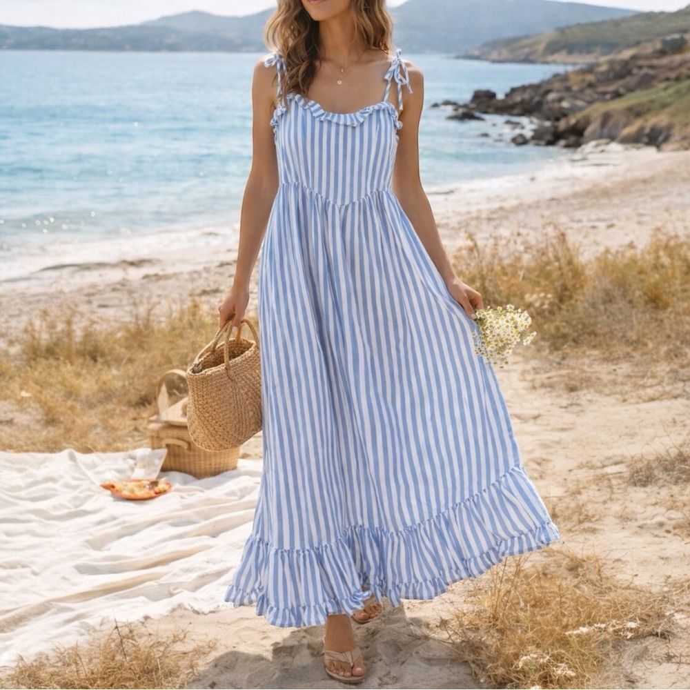 And Now This Blue White Striped Maxi Sundress Smocked Tie Strap Size S